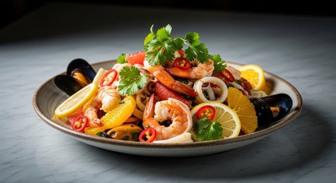 A vibrant stack of fresh red, green, and yellow chili peppers covered in water droplets against a dark background.