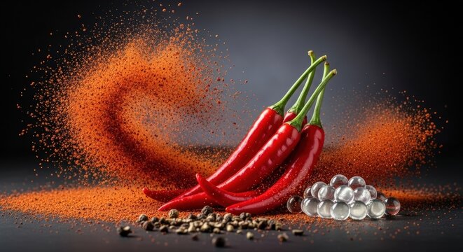 A vibrant stack of fresh red, green, and yellow chili peppers covered in water droplets against a dark background.