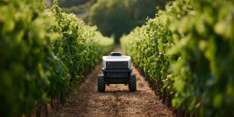Naklejka premium Autonomous robot working in vineyard rows
