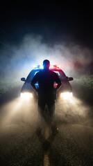 Obraz premium Silhouette of a police officer standing before a patrol car with flashing lights. Dark smoky atmosphere at a night emergency scene suggests authority. Ideal for law enforcement or safety news.