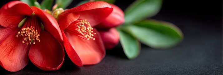 Obraz premium Vibrant red flowers against a dark backdrop showcasing their delicate beauty.