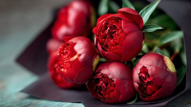 A bouquet of vibrant red peonies in elegant black wrapping.