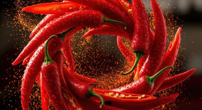 Red chili peppers arranged in a dynamic swirling pattern with scattered spice powder on a dark background.
