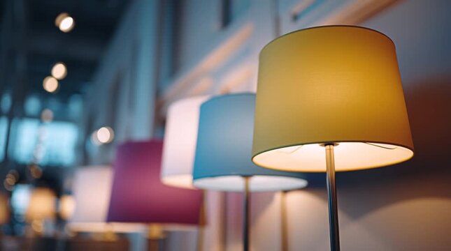 Colorful modern floor lamps in furniture showroom, close-up with bokeh background and copy space