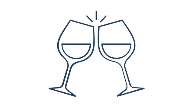Minimalist vector line icon illustration of two wine glasses clinking together in a toast for a celebration, party, or wedding event, featuring a clean and modern flat design style for web.