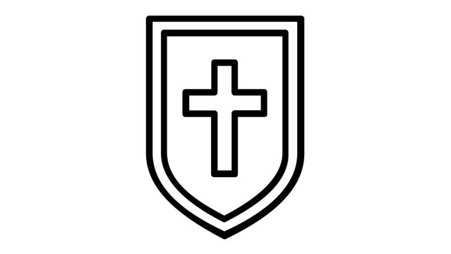 Christian Cross on Shield Vector Icon Illustration: Minimalist Line Art Design for Religious Protection, Faith, and Heraldic Symbolism, Scalable Flat Graphic for Church and Spiritual Projects.