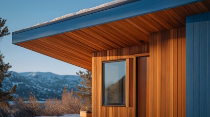Fototapeta premium Fresh cedar siding on a passive house in winter, a thermal imaging camera display held up showing uniform blue heat signature with no red leakage, snow barely melting on the flat green roof above,