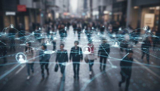 Crowd of blurred commuters on a city street overlaid with a digital network linking user icons, illustrating face recognition, biometric id, surveillance and data driven urban monitoring
