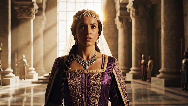 Queen Esther stands in a grand Persian throne room bathed in sunlight, wearing a regal purple gown and jeweled crown before the king's throne and courtiers.