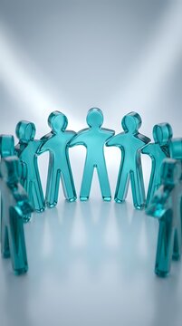 Translucent turquoise figures holding hands in circle formation representing teamwork, unity and collaboration for business and community concepts.