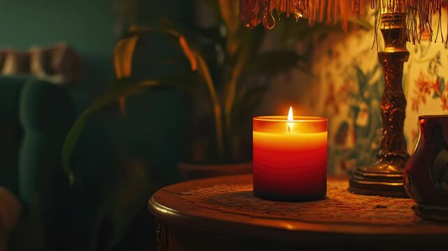 Warmly lit room with candle on wooden table, fringed lampshade, and plants in background