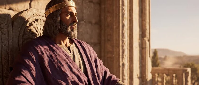 Bearded biblical king seated on an ornate stone throne overlooking an arid ancient landscape, cloaked in purple robes and a golden crown, evoking Old Testament royalty and wisdom.