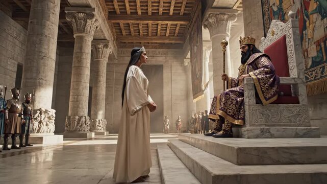 Queen Esther boldly approaches King Ahasuerus in the opulent Persian royal court, standing before the throne in a dramatic biblical scene of supplication, courage, and destiny.