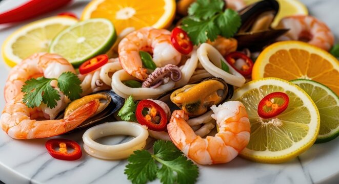 A colorful close-up of a fresh seafood platter with shrimp, squid, mussels, and citrus slices.