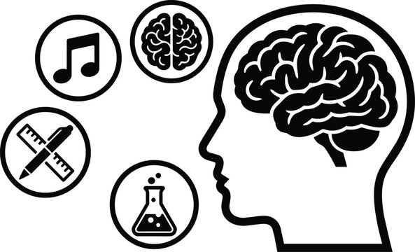 Black and white vector brain icon with music note beaker ruler and pen around profile head