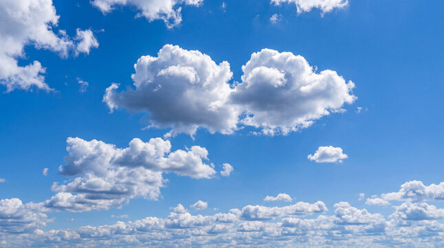 A bright blue sky with numerous white puffy clouds scattered across it on a sunny day with a few large cumulus clouds