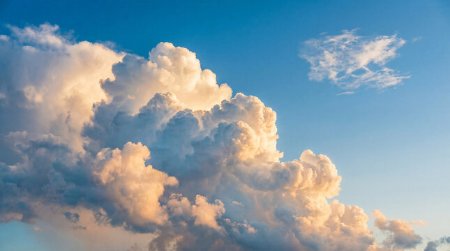 Large white puffy clouds on a clear blue sunny sky background with a small cloud