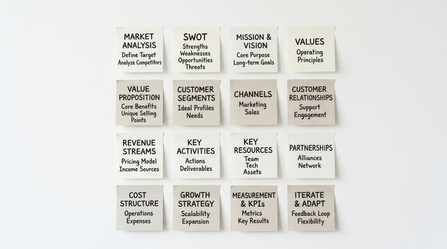 Business model planning notes arranged in a four by four grid