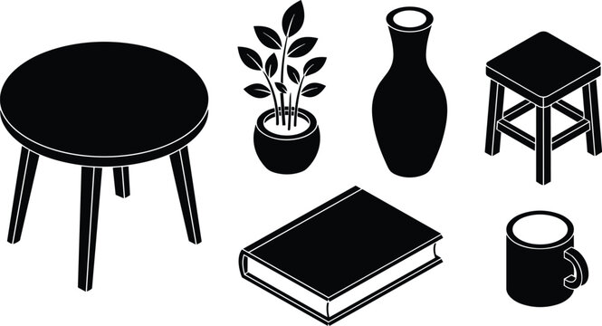 Black and white vector art round table with book mug potted plant vase and two stools