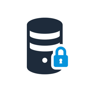Secure server icon with database and lock in navy and blue