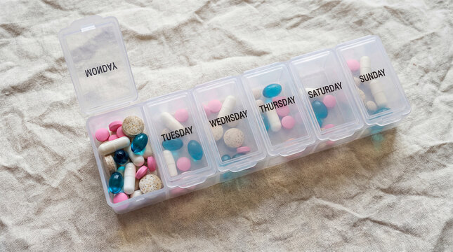 A clear plastic pill box with colorful pills and capsules on a beige fabric background, organized by day of the week