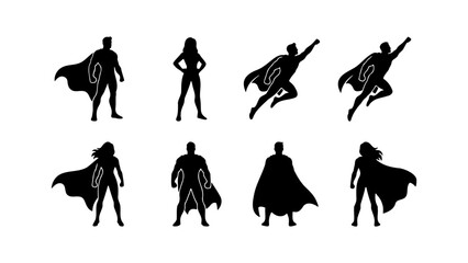 Superhero silhouette collection, 8 black hero character icons with capes, flying and standing heroic poses, comic book vector set © Neha