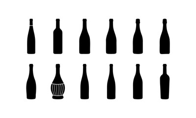 Fototapeta premium Minimalist wine bottle silhouettes, set of 12 black glass bottle icons, various alcohol container shapes for winery branding and menu design