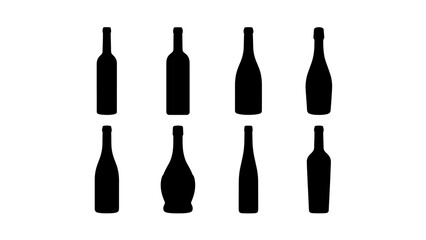 Fototapeta premium Minimalist wine bottle silhouettes, set of 8 black alcohol bottle icons, flat vector glass container shapes for bar menus and winery branding