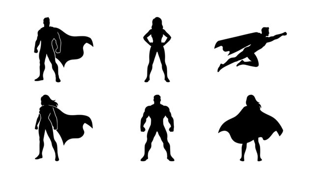 Superhero silhouettes collection, set of 6 heroic character icons with capes, black vector male and female hero figures for comic book design