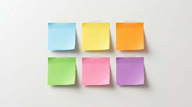 Six taped sticky notes in two rows on white wall