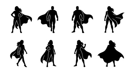 Superhero silhouette collection, set of 8 male and female hero characters with capes, black comic book figures in powerful poses © Neha