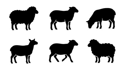 Sheep silhouette vector set, 6 farm animal icons in black, woolly lamb and ewe livestock collection, agricultural farm animal graphics © Neha