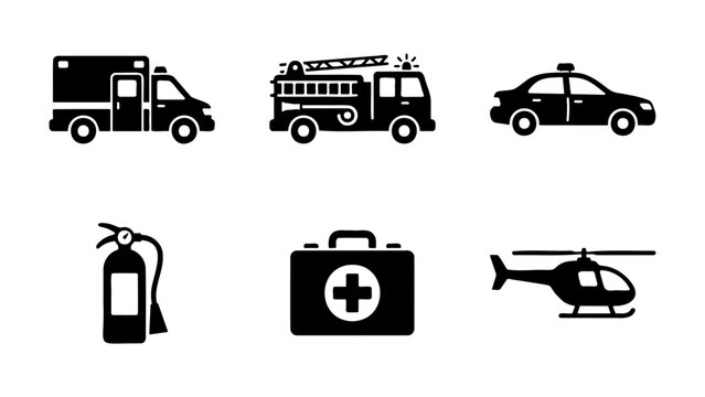 Emergency services icon set with 6 black vector elements, first responder vehicle silhouettes, fire truck and ambulance symbols for safety apps