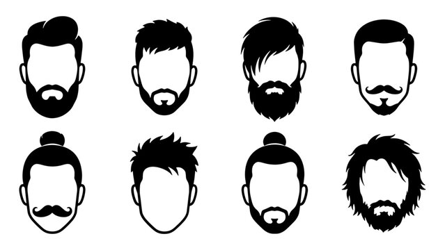 Barbershop hairstyle icons set, male beard and mustache silhouettes, 8 men hair style vector elements for grooming salon branding