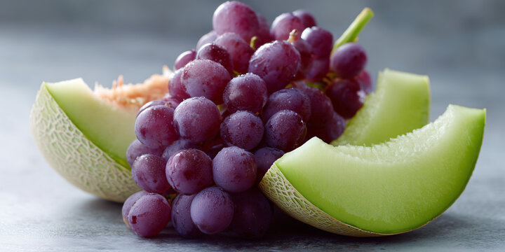 Fresh grapes and melon slices arranged together, a picture of natural refreshment and vibrant colors. The grapes are a deep purple, and the melon slices are a light green.