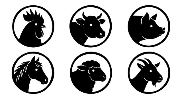 Farm animal silhouette icons set, minimalist livestock head profile vectors, black and white agricultural animal symbols for butcher shop branding