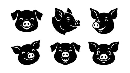 Pig head silhouette icons, set of 6 smiling piglet face vectors, black and white farm animal mascot illustrations for butchery and food branding © Shorna