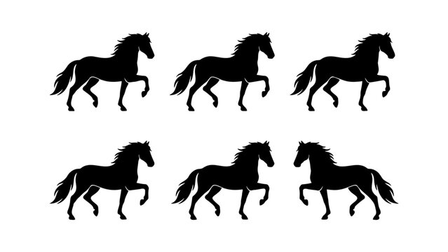 Black horse silhouette collection, set of 6 stallion vector icons, elegant equestrian animal shapes for logo design and ranch branding