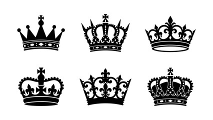 Royal crown silhouettes set, 6 black heraldic crowns and tiaras, vintage monarch headwear icons, elegant imperial jewelry vector collection © Labiba