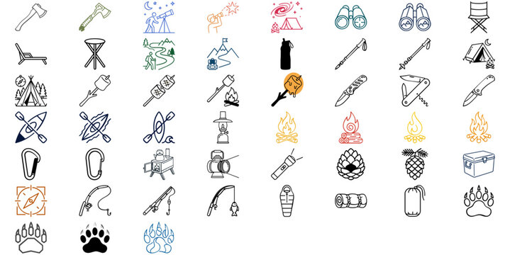 Mega Vector Icon Set of 51 Camping and Outdoor Adventure Icons. Minimalist flat line art bundle featuring tents, campfires, hiking gear, binoculars, axes, kayaks, backpacks, and survival tools.