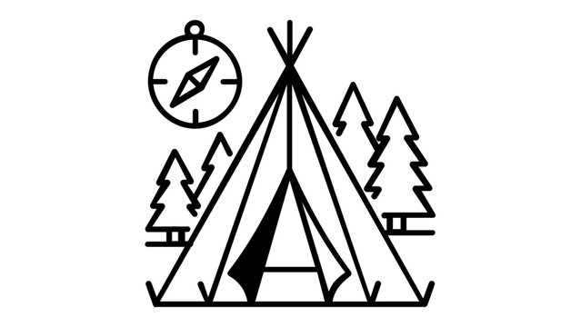 Minimalist vector illustration of a camping scene featuring a teepee tent, a compass for navigation, and pine trees in a forest, perfect for outdoor adventure and travel-themed graphic designs.