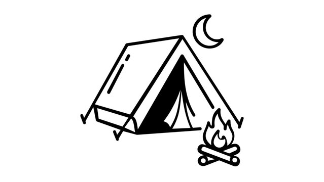 Minimalist vector icon illustration of a camping tent at night featuring a glowing campfire and crescent moon. Scalable flat line art design perfect for outdoor adventure, hiking, and travel.