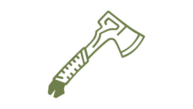 Minimalist olive green line icon vector illustration of a survival axe or hatchet for camping, woodcutting, and outdoor adventure. Scalable flat design for hiking and bushcraft equipment graphics.