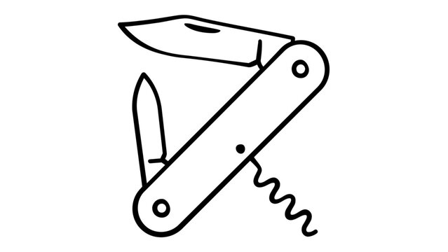 Multi-tool Pocket Knife Vector Icon Illustration for Camping, Hiking, and Outdoor Survival. Minimalist Black and White Line Art Design Featuring Blade, Small Knife, and Corkscrew Utility Tool.