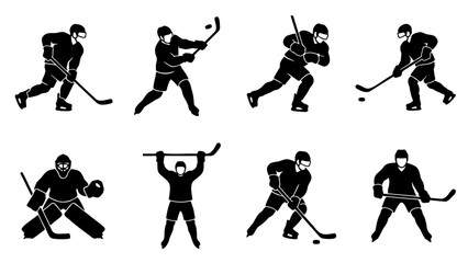 Ice hockey player silhouettes set, 8 professional athlete vector icons, black and white sports figures in action poses, goalie and skater graphics © Aisha