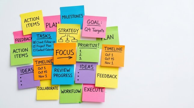 Dense arrangement of sticky notes with tasks timeline and strategy text