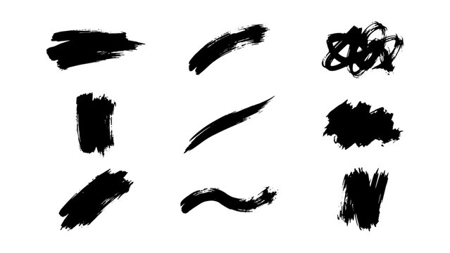 Grunge black paint brush strokes, set of 9 hand drawn ink splatters and smears, textured charcoal vector elements for artistic design