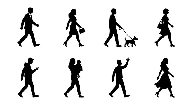 Walking people silhouettes set, diverse pedestrian figures in motion, black human profiles collection, urban crowd walking vector elements