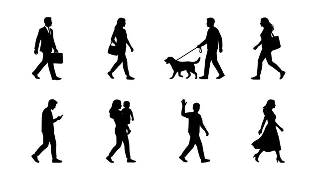 Walking people silhouettes set, 8 black vector figures of pedestrians in motion, diverse crowd of men and women walking in the city