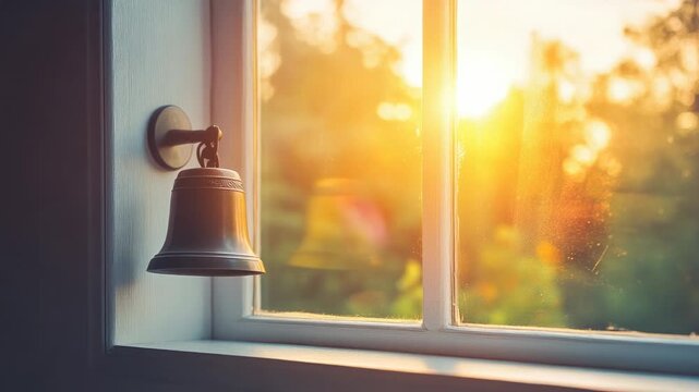 Golden sunlight streams through window with metallic bell hanging on wall